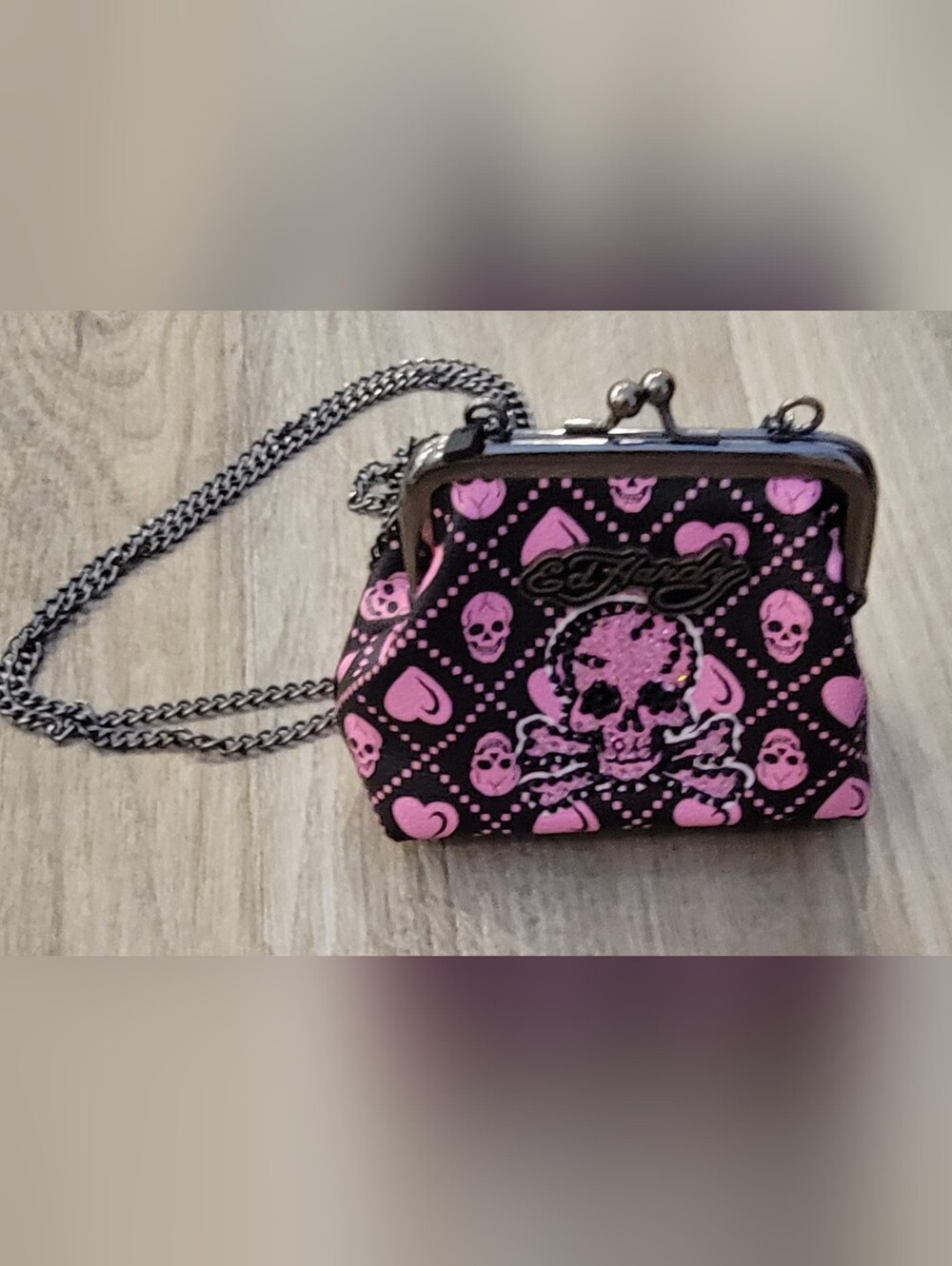 Ed Hardy Black and Pink Skull Coin Purse Crossbody